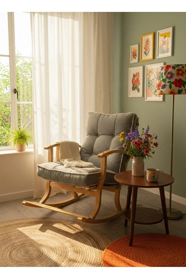 Ahşap Sallanır Koltuk Sallanan Sandalye TV Koltuğu Baba Koltuğu Çift Taraflı Minderli